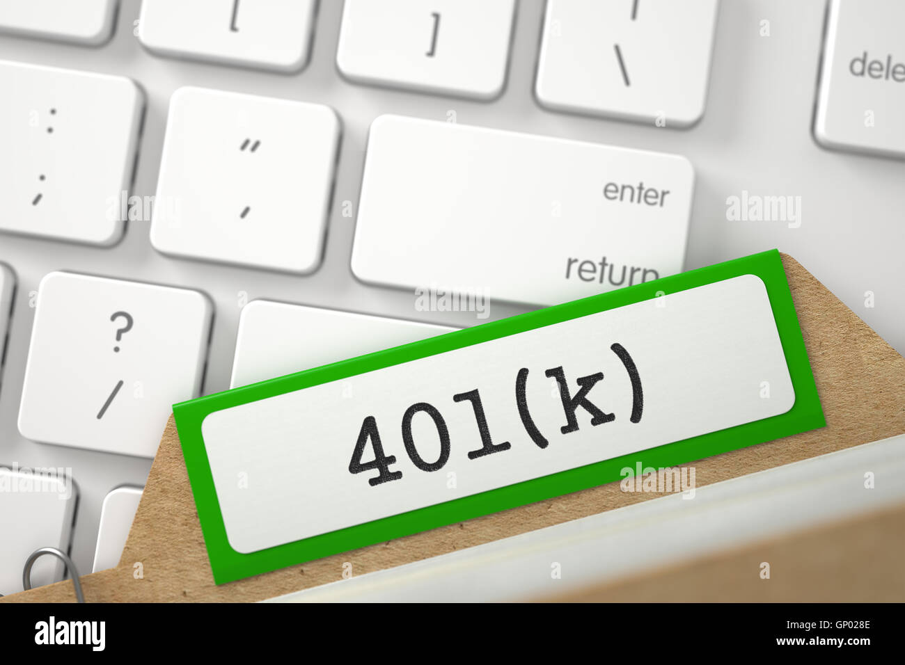 Le 401k. Index Carte verte sur fond de clavier blanc moderne. Concept d'archive. Vue en gros plan. Focus sélectif. Le Rendu 3D. Banque D'Images