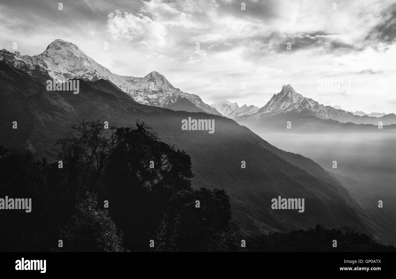 Vue sur le pic de l'himalaya 6993 ms. Machhapuchhare-Fish mount Annapurna Sud et queue, le Népal. Noir et blanc. Banque D'Images