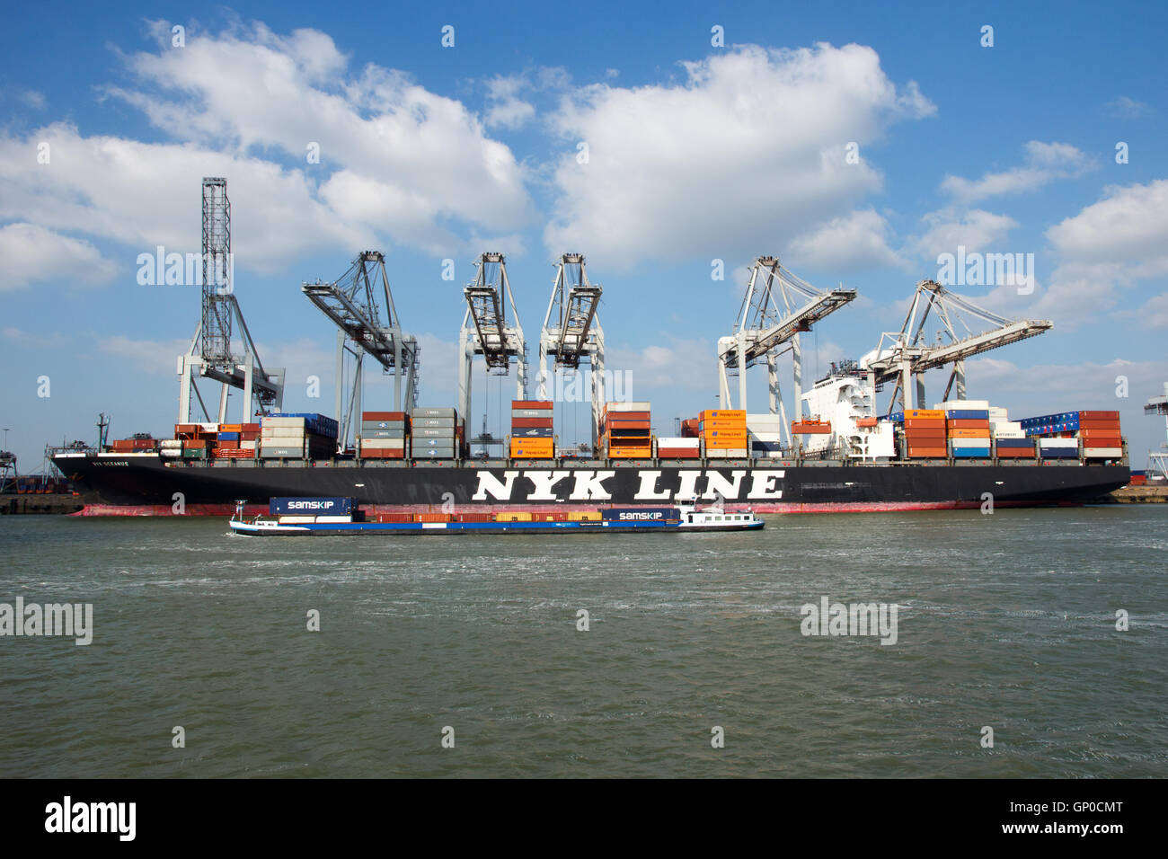 Porte-conteneurs Nyk Oceanus de NYK Line amarré à un terminal de conteneurs dans le port de Rotterdam Banque D'Images Porte-conteneurs Nyk Oceanus de NYK Line amarré à un terminal de conteneurs dans le port de Rotterdam Banque D'Images