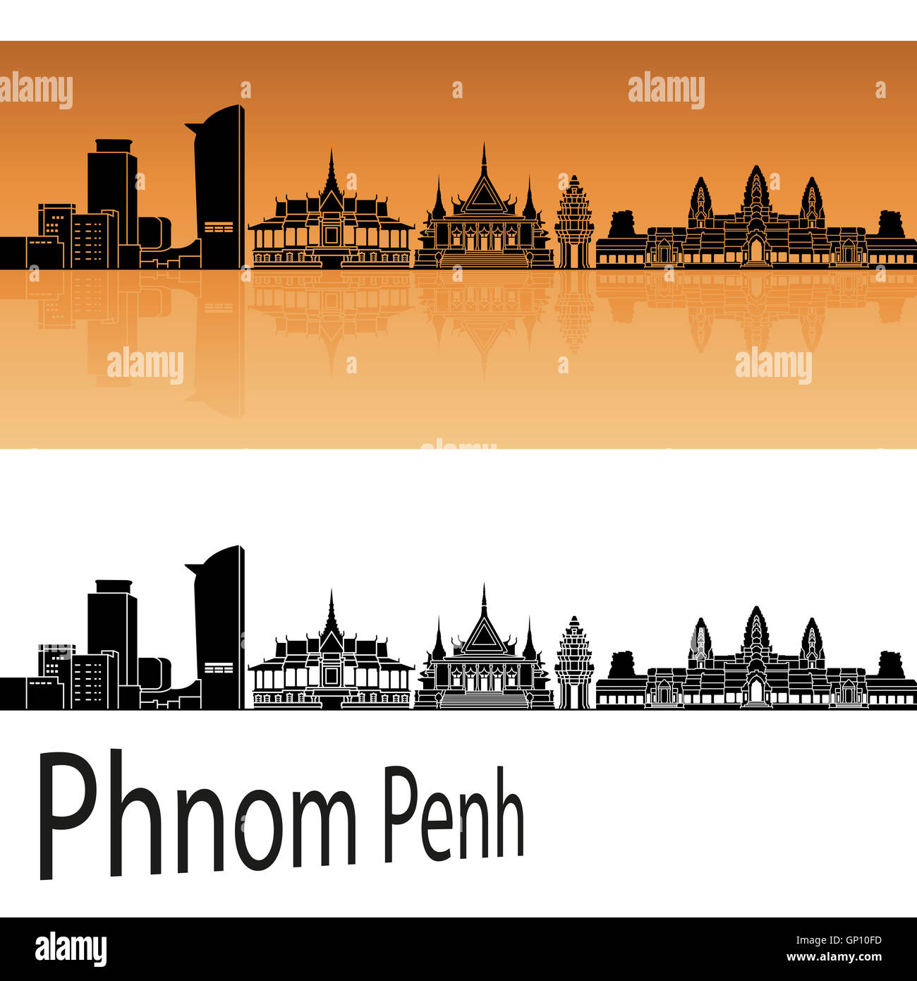 Phnom Penh en fond orange en fichier vectoriel éditable Banque D'Images