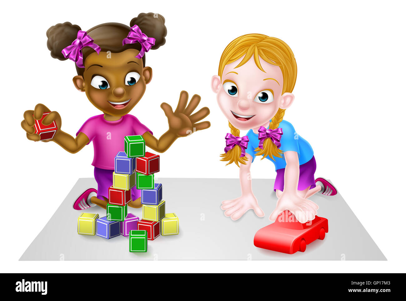 Caricature de jeunes filles, jouant avec des jouets, avec des blocs de construction et jouets un jouet voiture rouge Banque D'Images