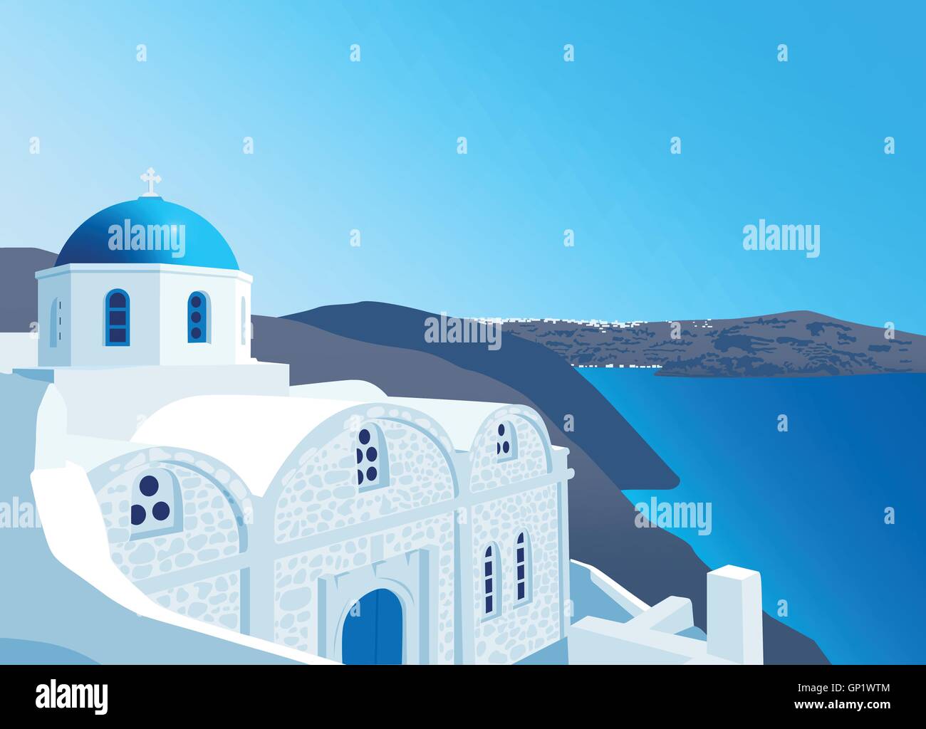 Église avec dôme blanc bleu à l'île de Santorin, Grèce, vector illustration Illustration de Vecteur