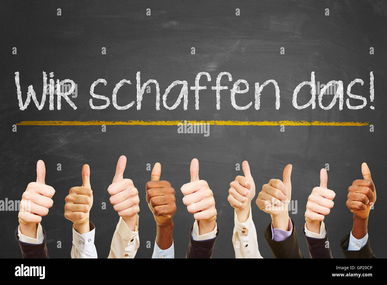 Motivation Slogan "wir schaffen das !" (nous pouvons le faire) en allemand on chalkboard Banque D'Images
