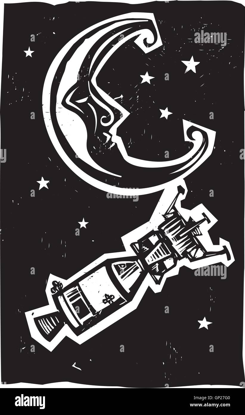 Gravure sur bois de la lune et de style capsule spatiale américaine Illustration de Vecteur