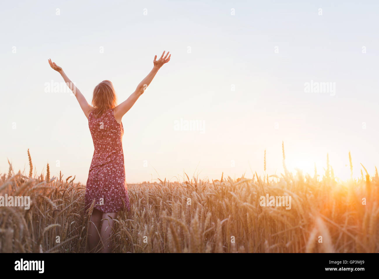 La respiration, la femme à mains levées appréciant le coucher du soleil dans le domaine Banque D'Images