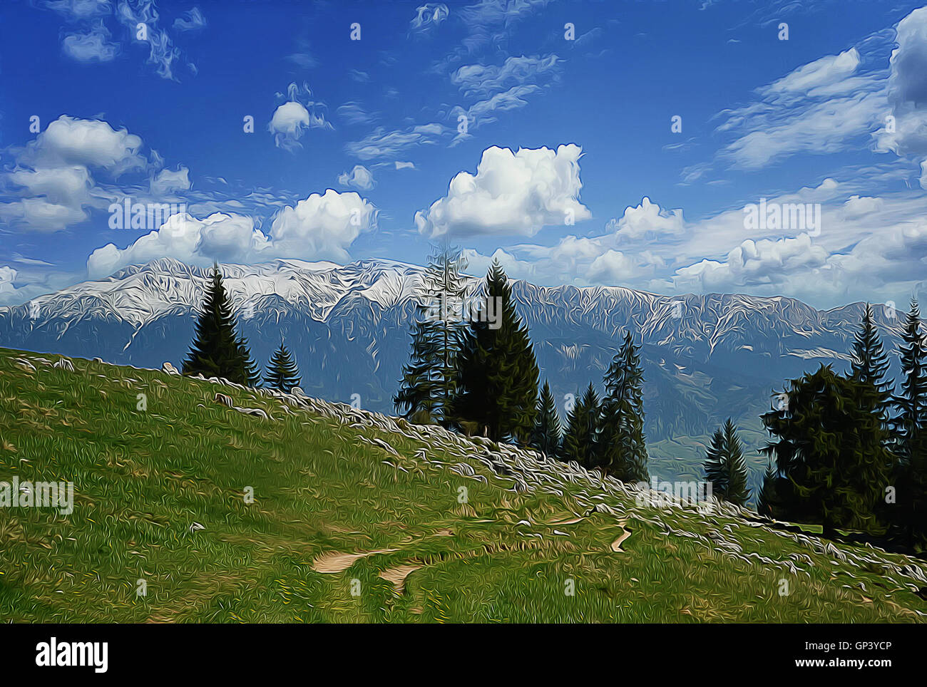Illustration de Spring Mountain avec dirty country road sur hill top Banque D'Images