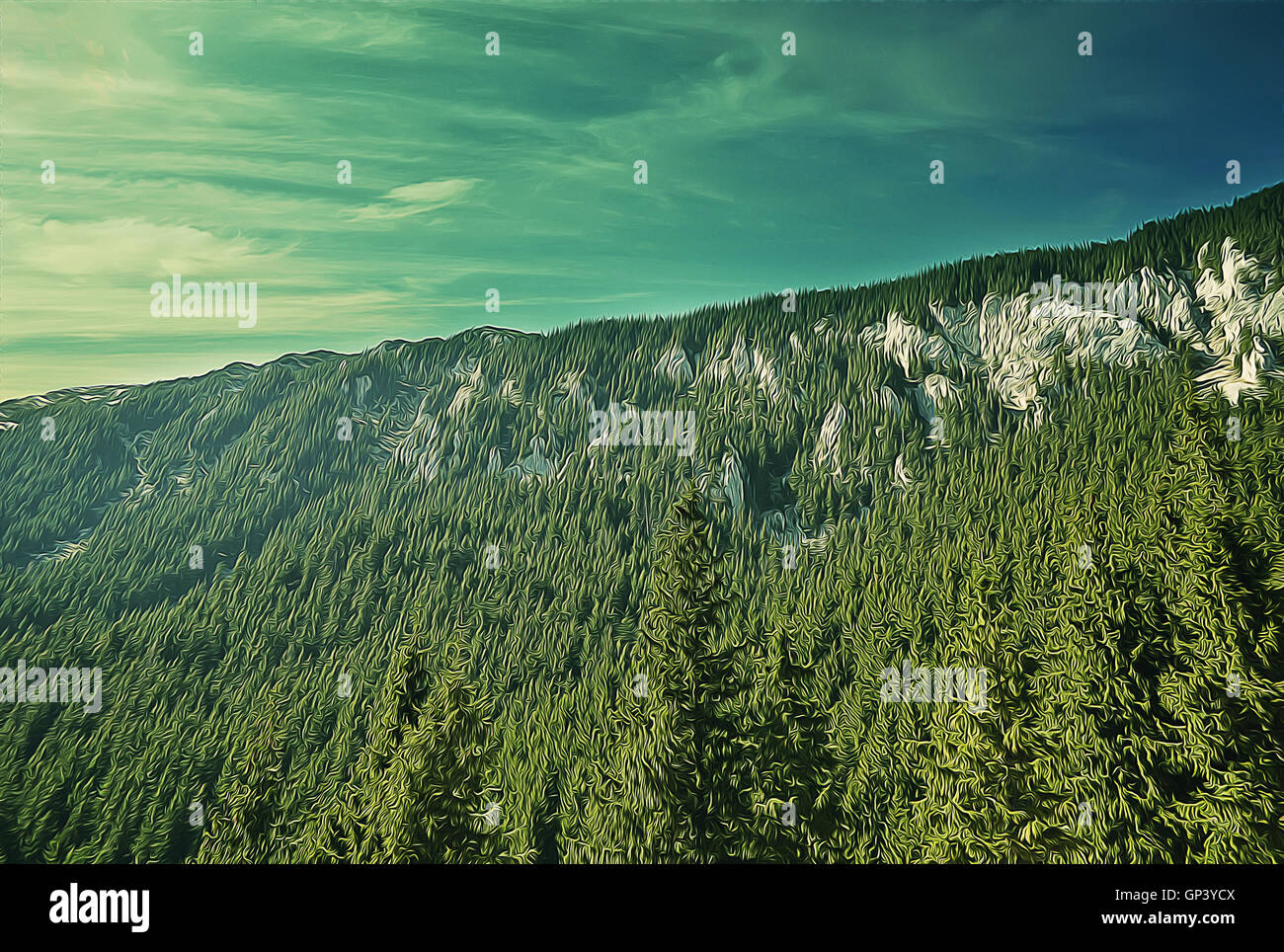 Magnifique paysage de vallée dans les Carpates. Illustration de la majestueuse vue pittoresque au lever du soleil Banque D'Images