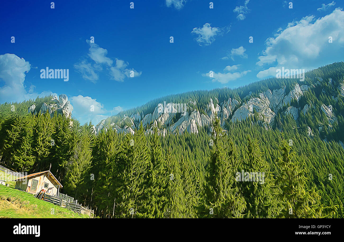 Illustration d'une maison en bois dans la vallée de montagnes. Paysage de printemps avec une forêt de sapin le matin Banque D'Images