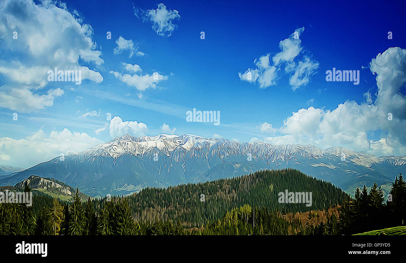 Belle illustration du printemps des montagnes avec des sommets enneigés et des forêts de pins au-dessus d'un ciel serein bleu Banque D'Images