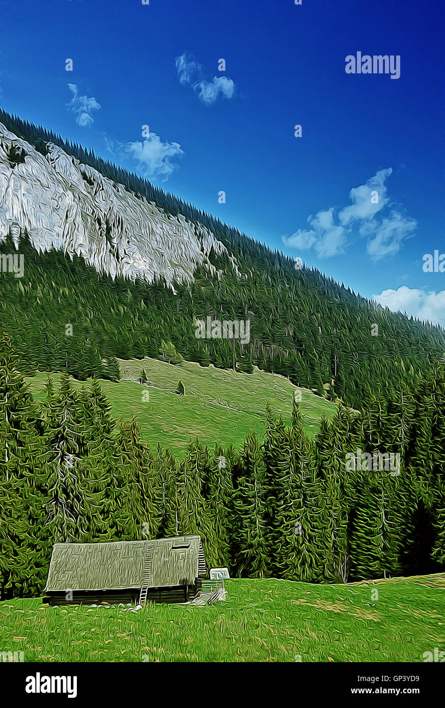 Illustration de la vallée de printemps avec le dirigeant d'une maison au milieu d'une forêt de sapins. Journée ensoleillée, pré vert et blanc mountain vues Banque D'Images