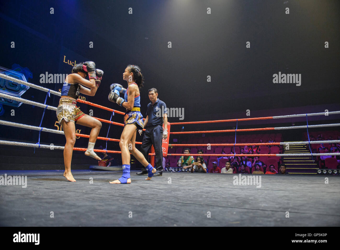 Les boxeurs de Muay Thai en action, Bangkok, Thaïlande Banque D'Images