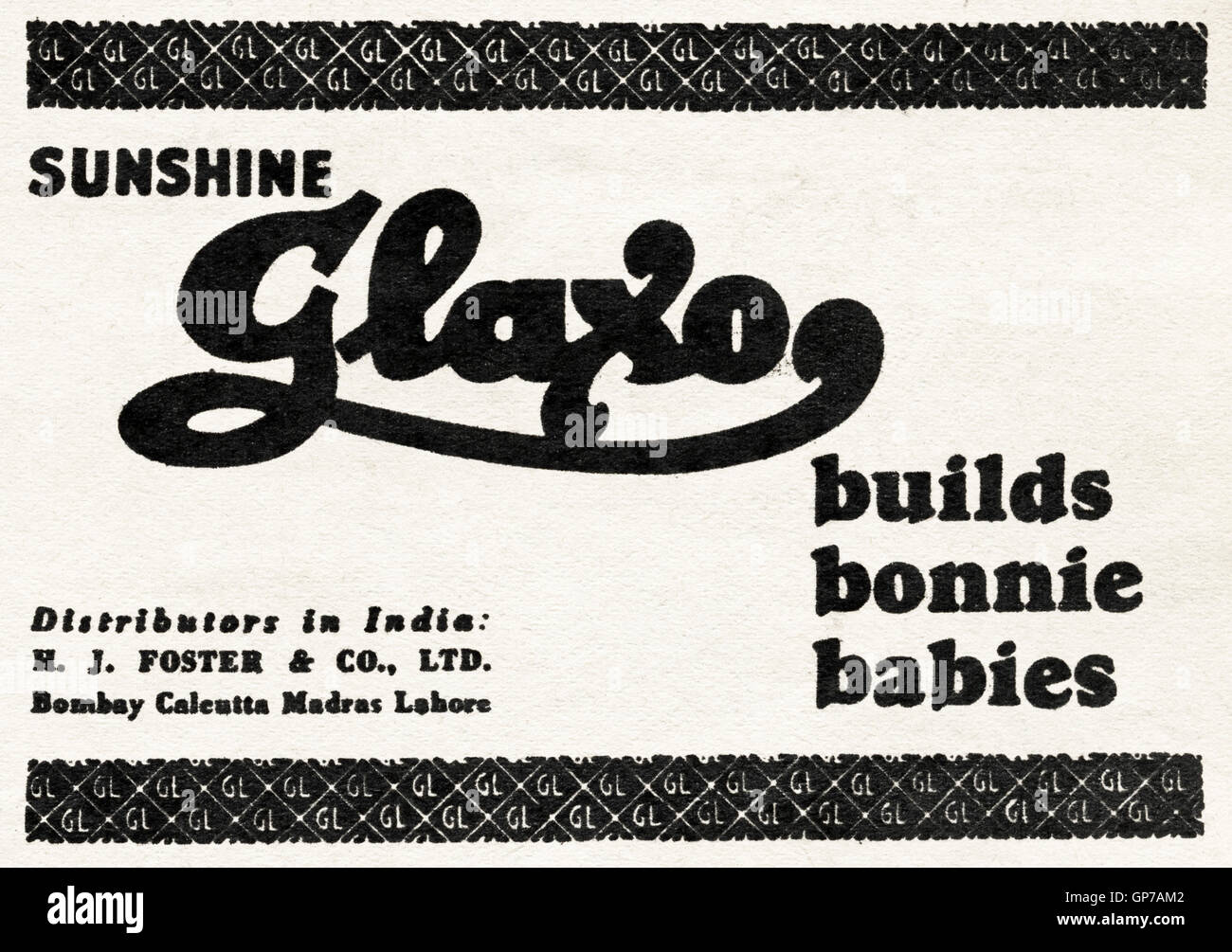 Publicité Publicité Sunshine Glaxo construit bonnie bébés old vintage original advert from French language magazine publié en Inde en date du 1945 Banque D'Images