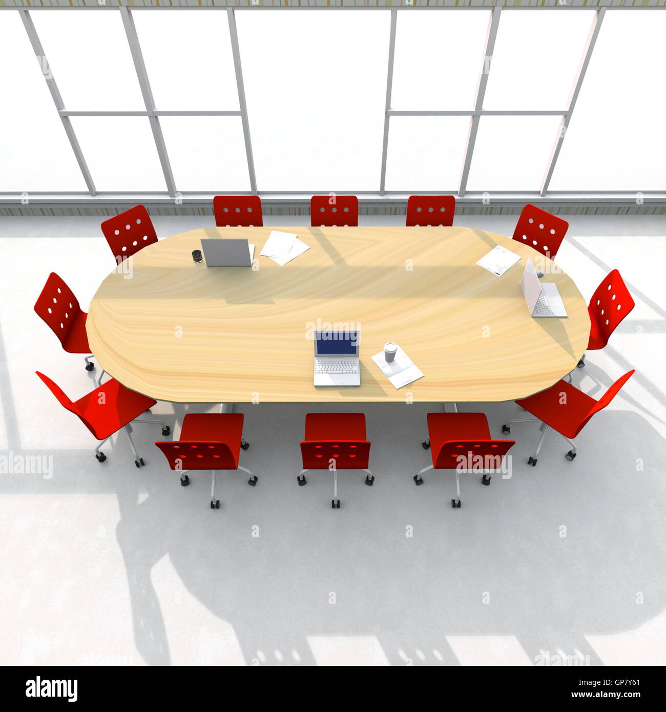 Le rendu 3d intérieur de la salle de réunion table avec chaises rouges Banque D'Images