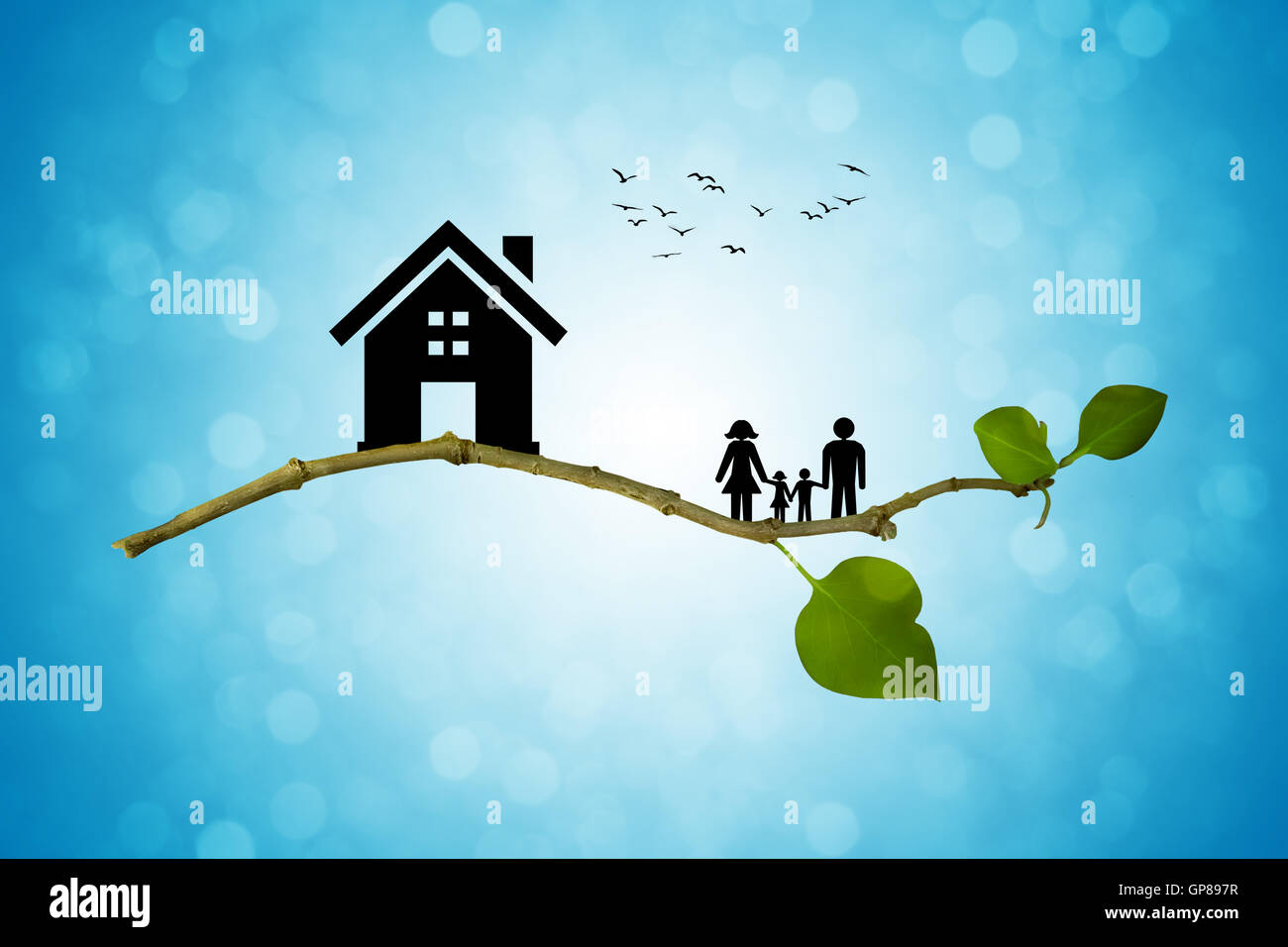 Branche d'arbre avec des silhouettes de maison et famille. Le concept d'une famille heureuse. La vie éco Banque D'Images
