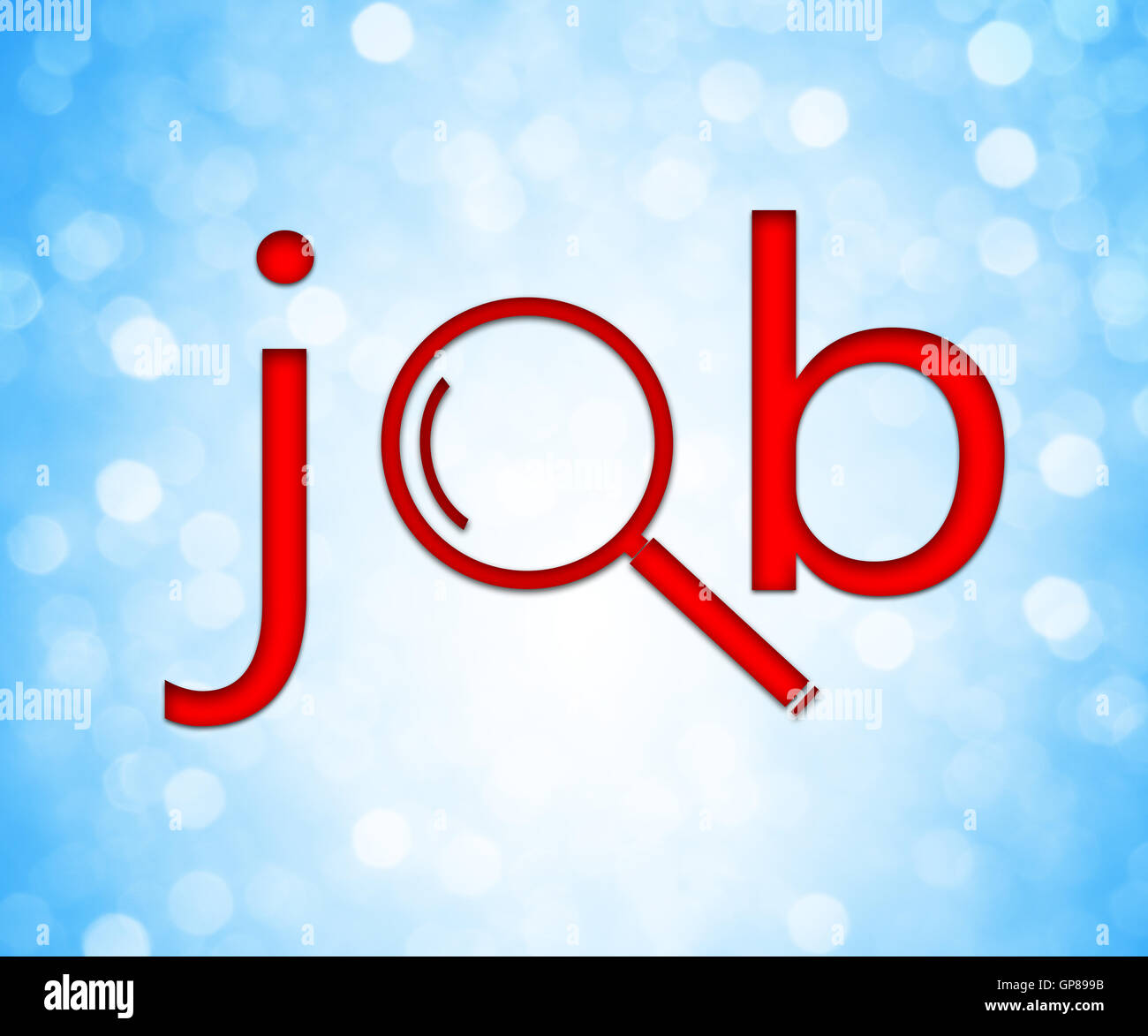 Recherche d'emploi. L'icône de loupe de couleur rouge et texte sur un arrière-plan flou bleu. Banque D'Images