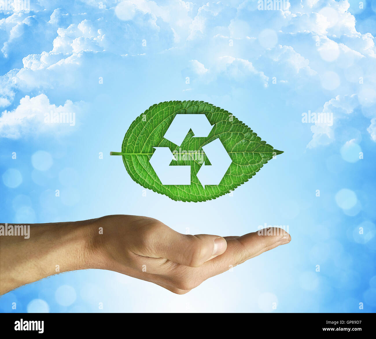 Ouvert main tenant une feuille verte avec symbole de recyclage sur un fond de ciel bleu. Développement durable et environnement convivial Banque D'Images