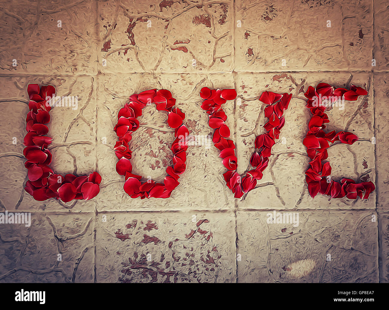 Illustration du mot amour en pétales de rose rouge sur une texture vieux Banque D'Images
