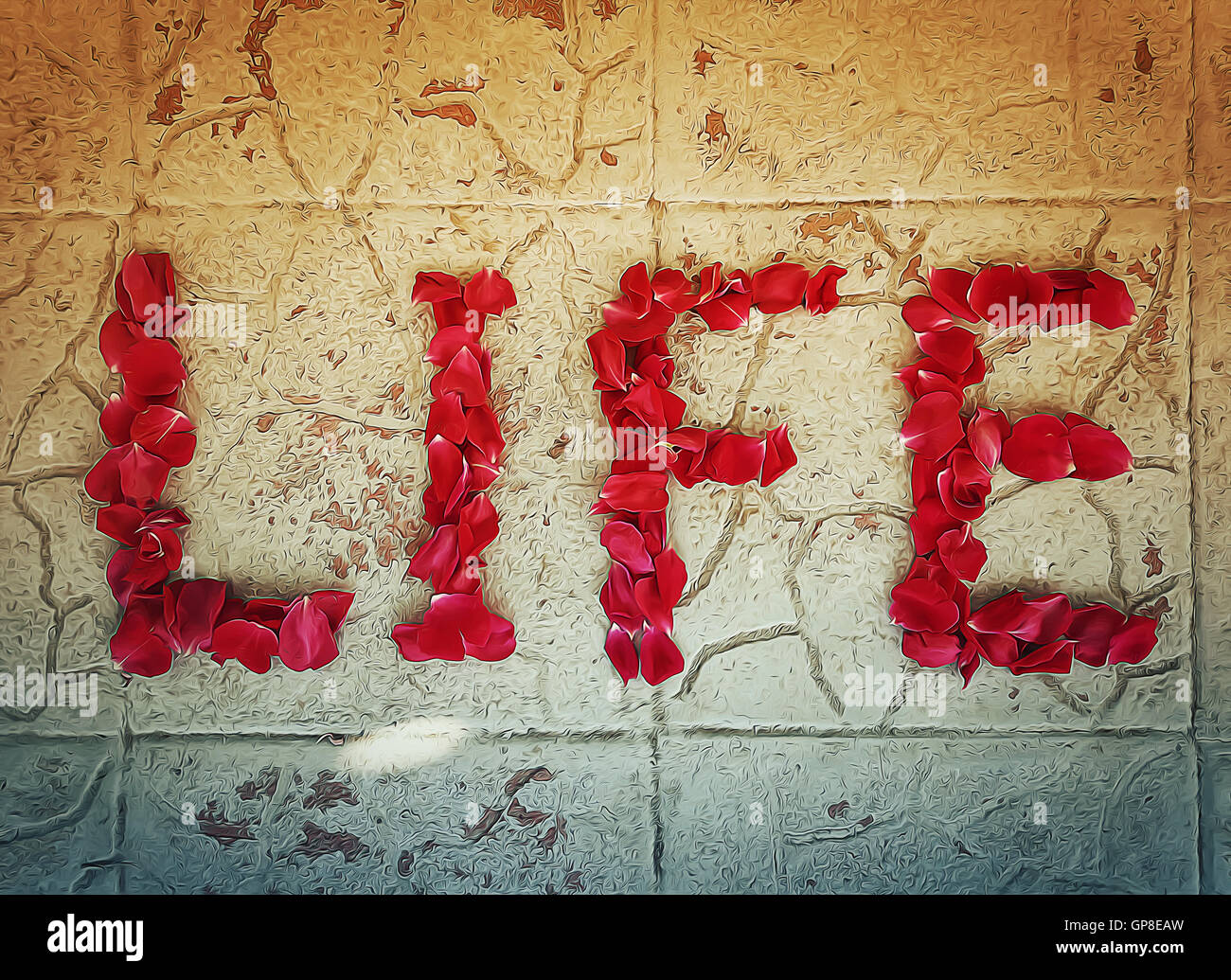 Illustration du mot vie par des pétales de rose rouge sur une texture vieux Banque D'Images