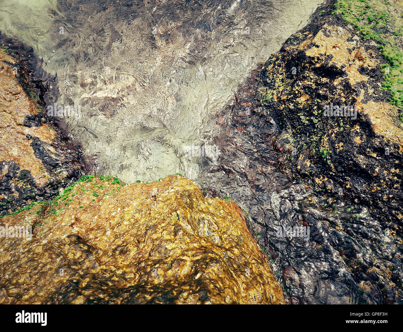 La texture de la lumière sous-marine sur un fond rocheux avec des morceaux de pierre et de mousse Banque D'Images