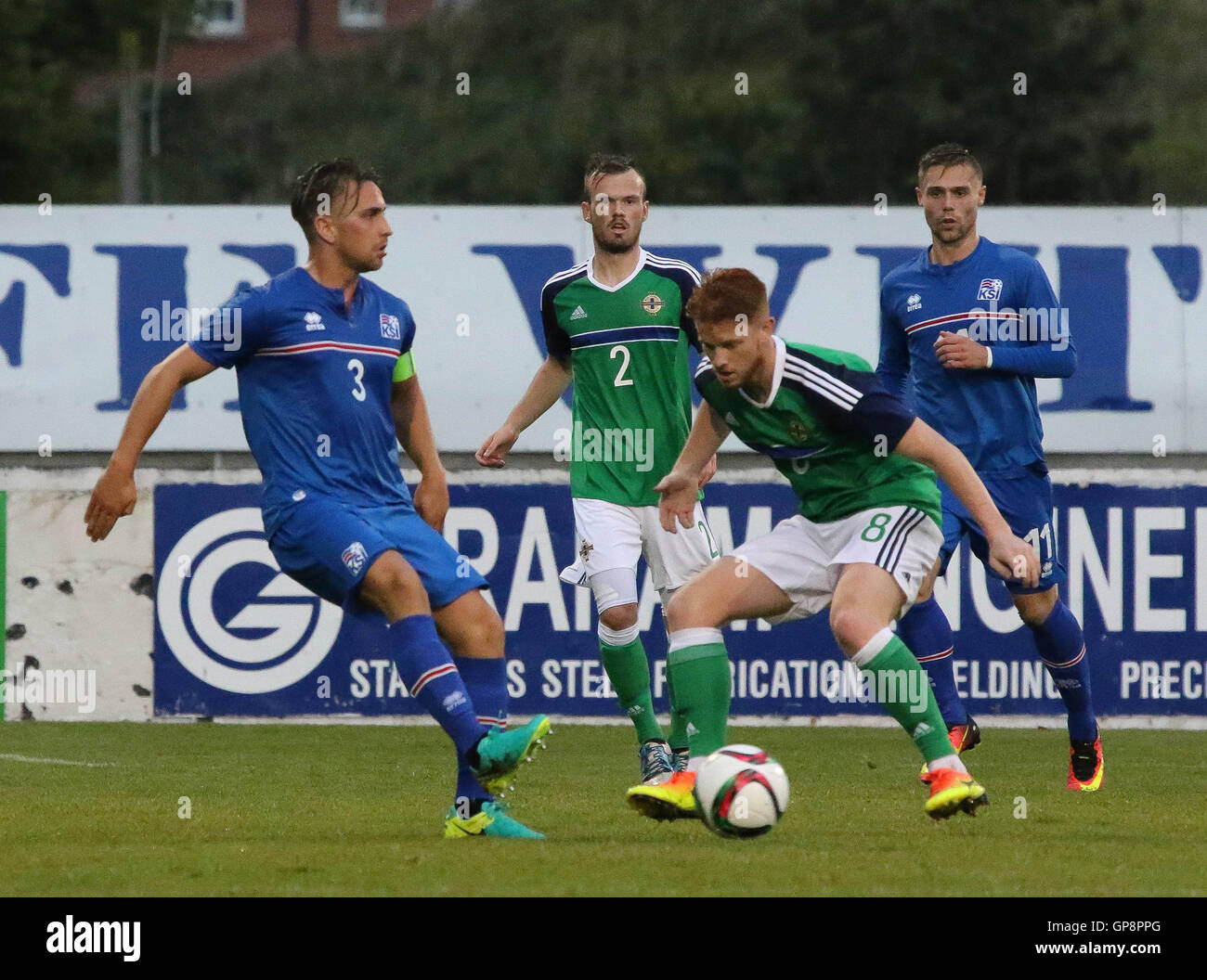 Mourneview Park, Lurgan, Irlande du Nord. 02 septembre 2016. Irlande du Nord U21 0 Islande U21 1. Le capitaine islandais Oliver Sigurjonsson (3) en action. David Hunter/Alamy Live News Banque D'Images