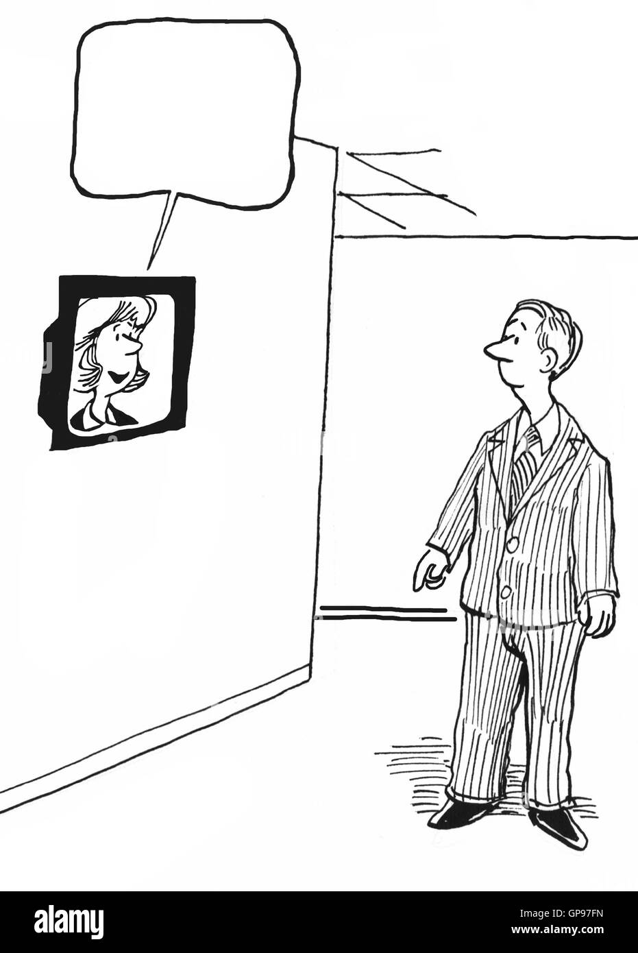 Insérer votre propre texte. Illustration de la femme chef d'entreprise partage de l'information avec des employés via un écran de tv. Banque D'Images