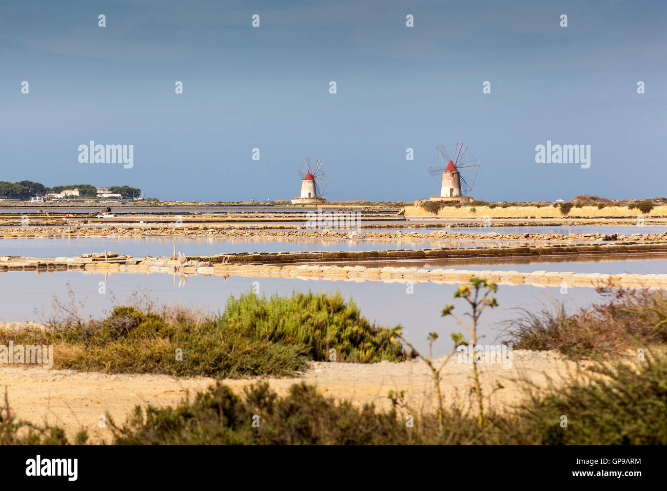 Salines de Stagnone, Stagnone, près de Marsala et Trapani, Sicile, Italie Banque D'Images