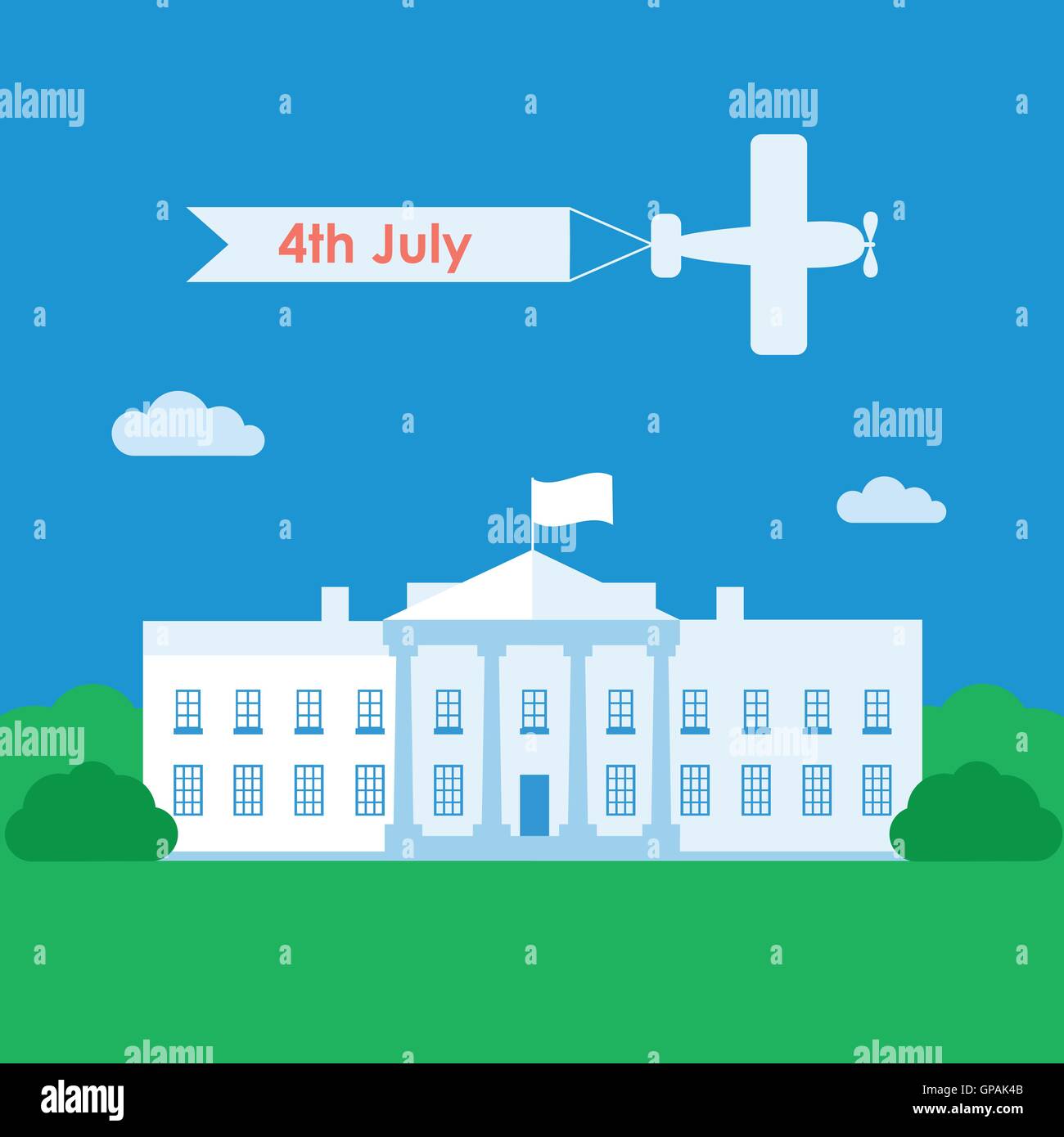 Maison Blanche, le président des États-Unis, résidence et avion avec bannière sur la fête de l'indépendance. Illustration de Vecteur