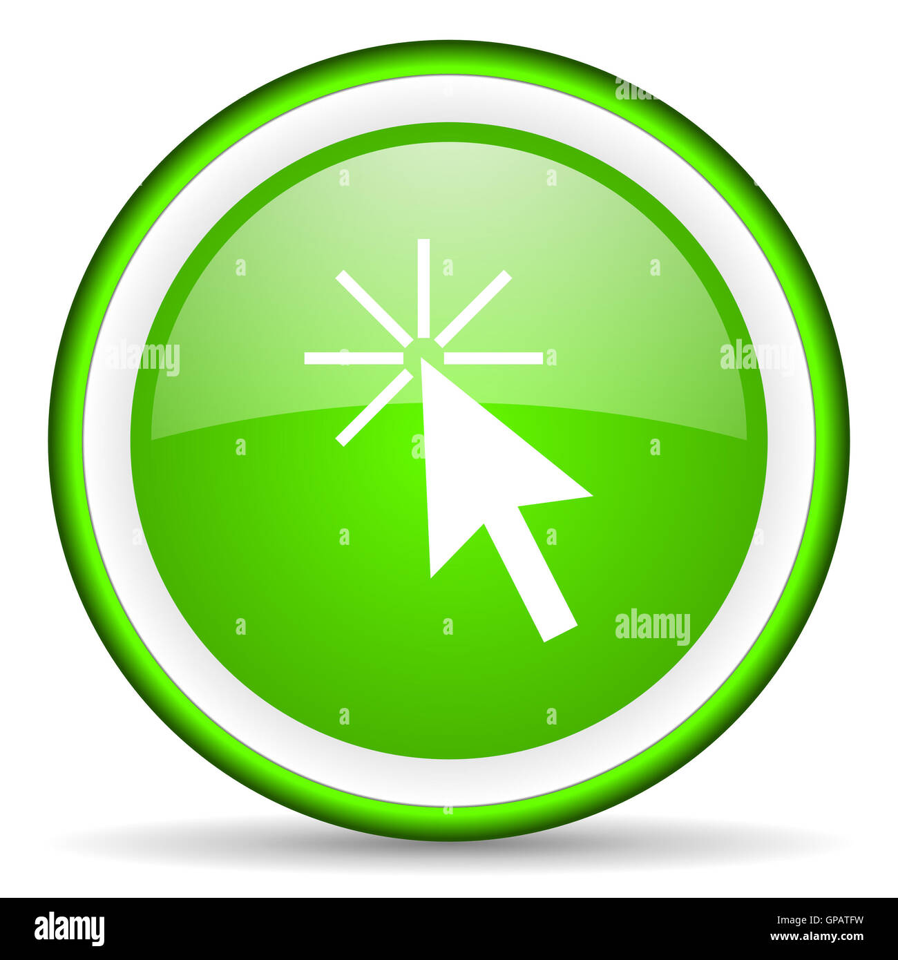 Cliquez ici l'icône brillant vert sur fond blanc Banque D'Images