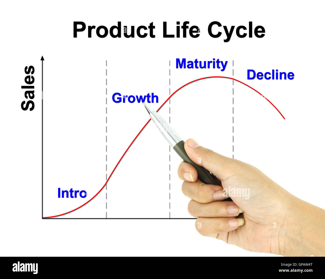 Un pointeur stylo graphique du cycle de vie du produit (concept marketing pointe Banque D'Images