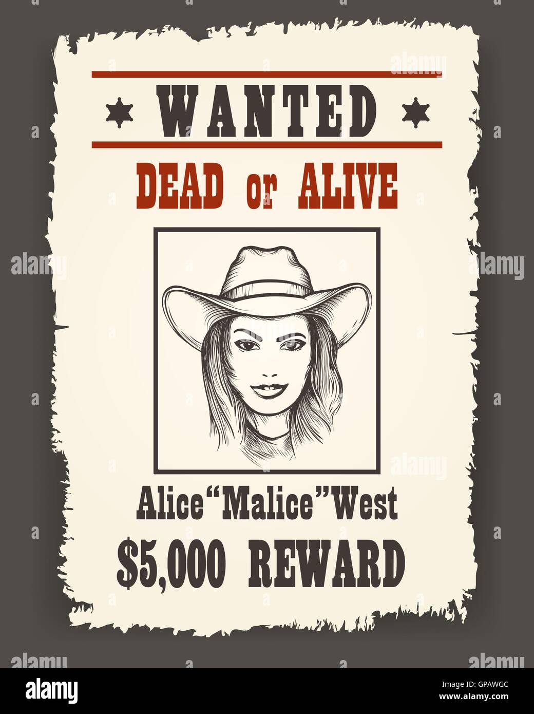 Avis de recherche avec Girl face en chapeau de cowboy sur fond sombre dessiné en rétro style Far West. Vector illustration. Illustration de Vecteur