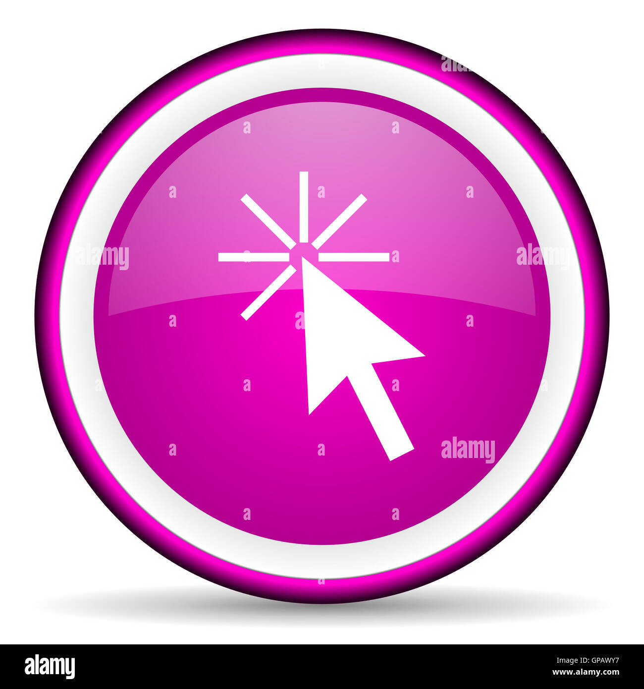 Cliquez ici l'icône brillant violet sur fond blanc Banque D'Images