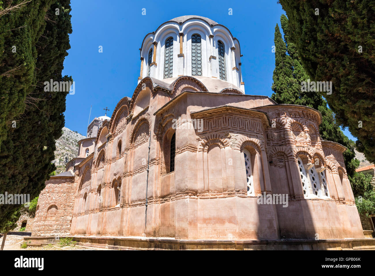 Vue rapprochée de l'extérieur, Nouveau Monastère Nea Moni, est un monastère du 11ème siècle sur l'île de Chios, Grèce Banque D'Images