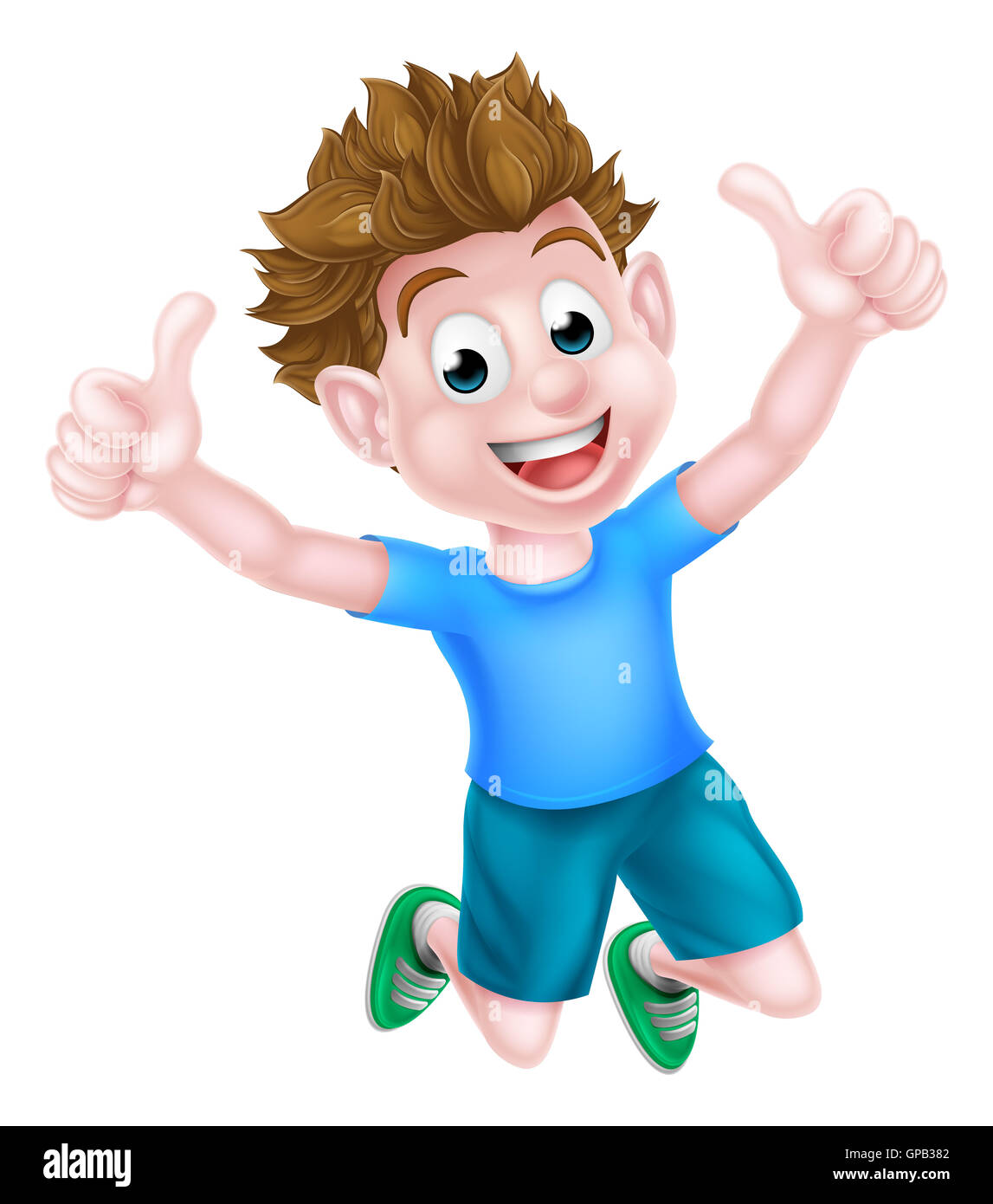 Un jeune garçon cartoon happy kid sautant de joie et en donnant deux pouces vers le haut. Banque D'Images