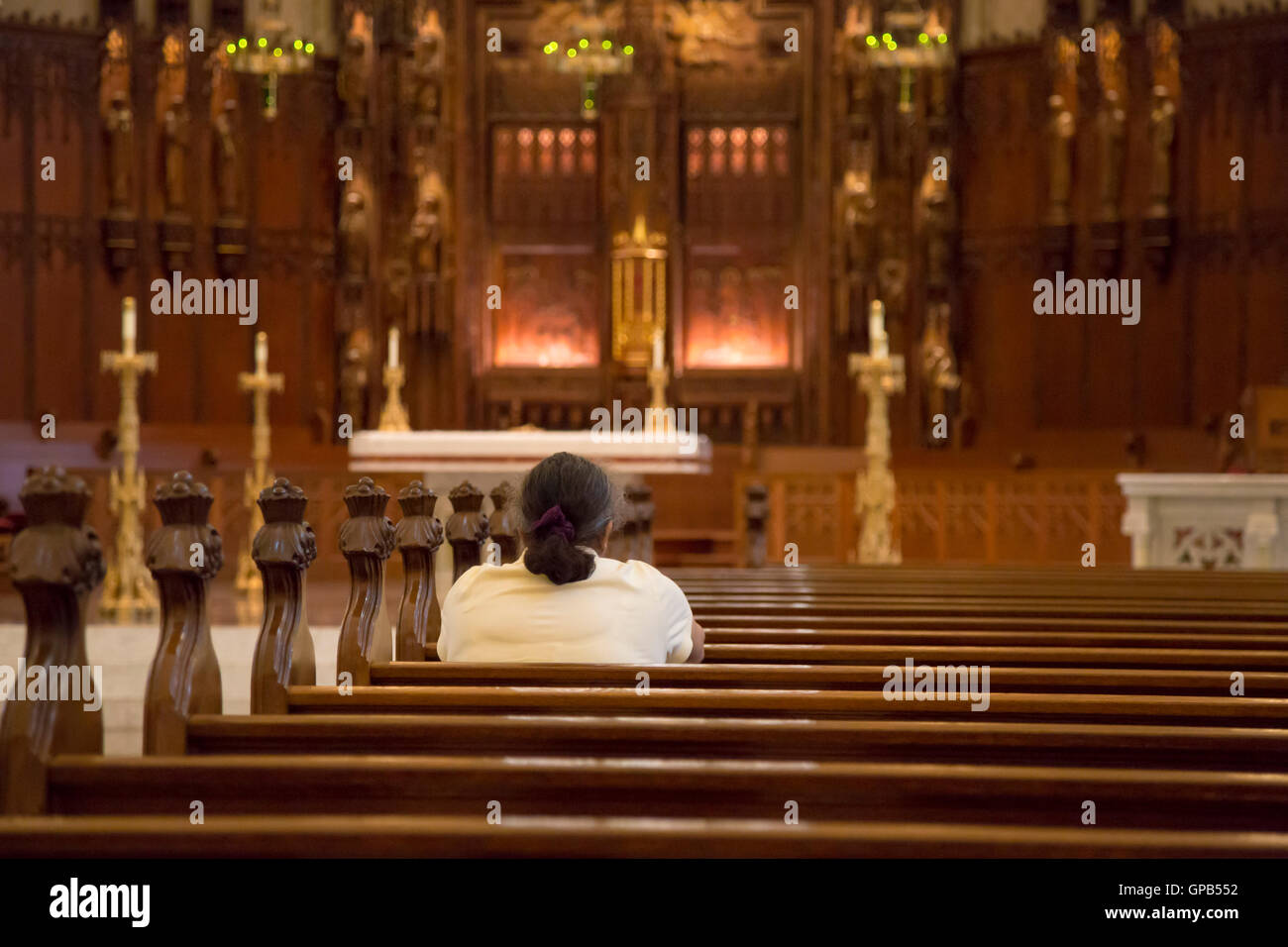 Fort Wayne, Indiana - une femme prie dans la Cathédrale de l'Immaculée Conception. Banque D'Images