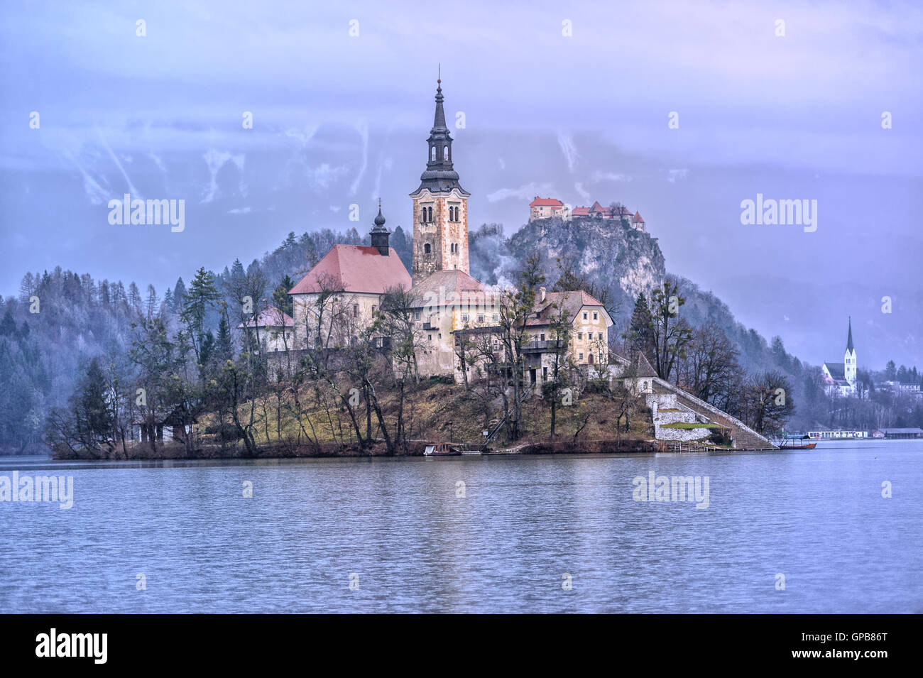Vierge Marie église sur l'île du lac de Bled, Slovénie Banque D'Images