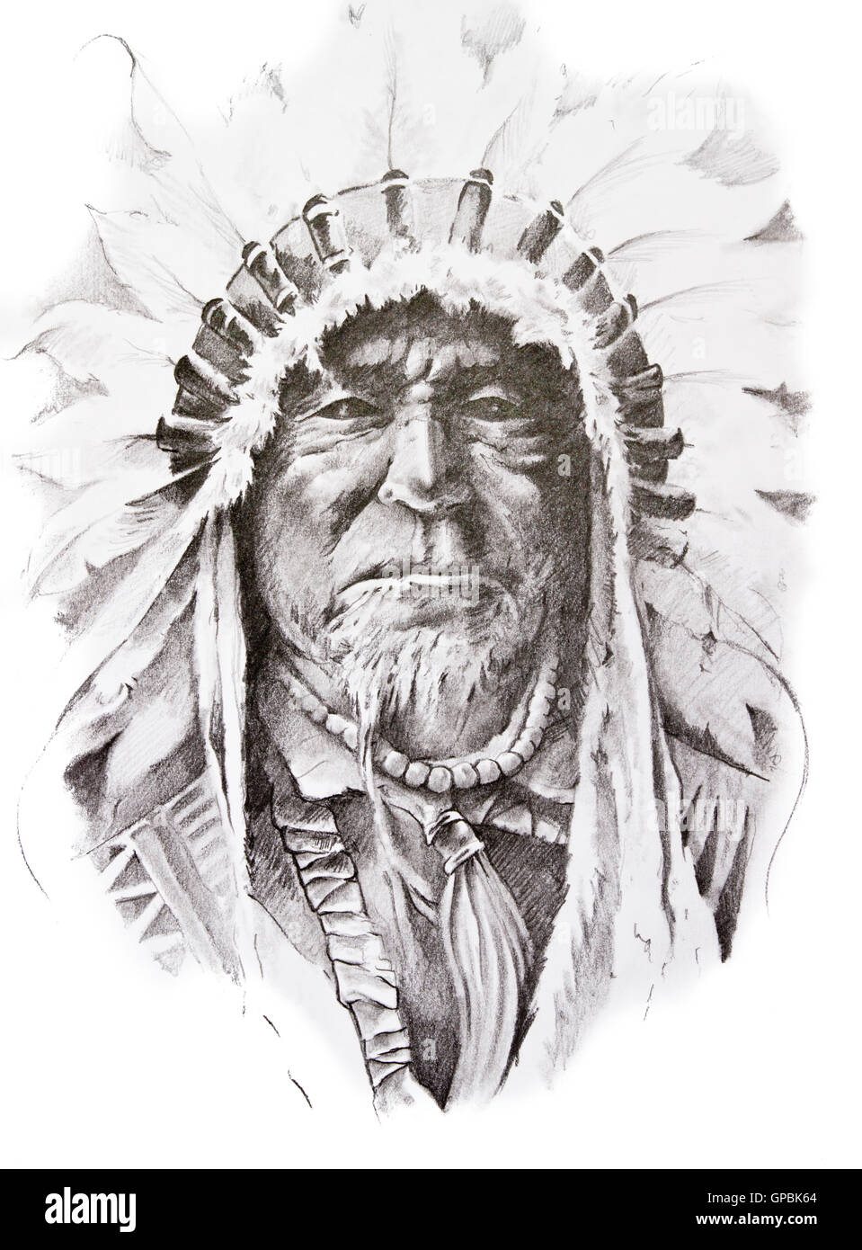 Croquis de tatouage Native American Indian Chief, fait main Banque D'Images