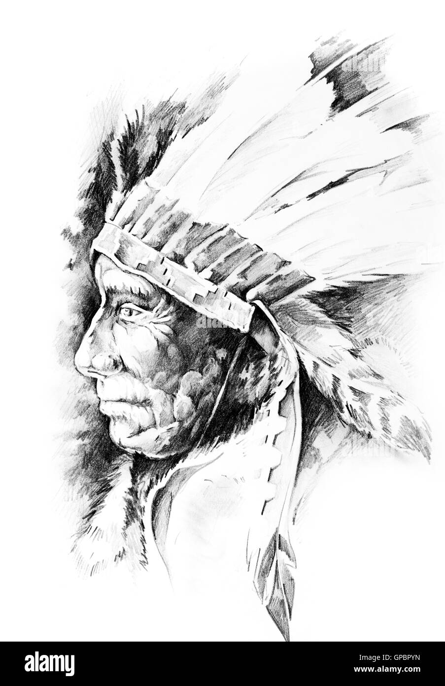 Croquis de l'art du tatouage, Native American Indian Head, chef, isolat Banque D'Images