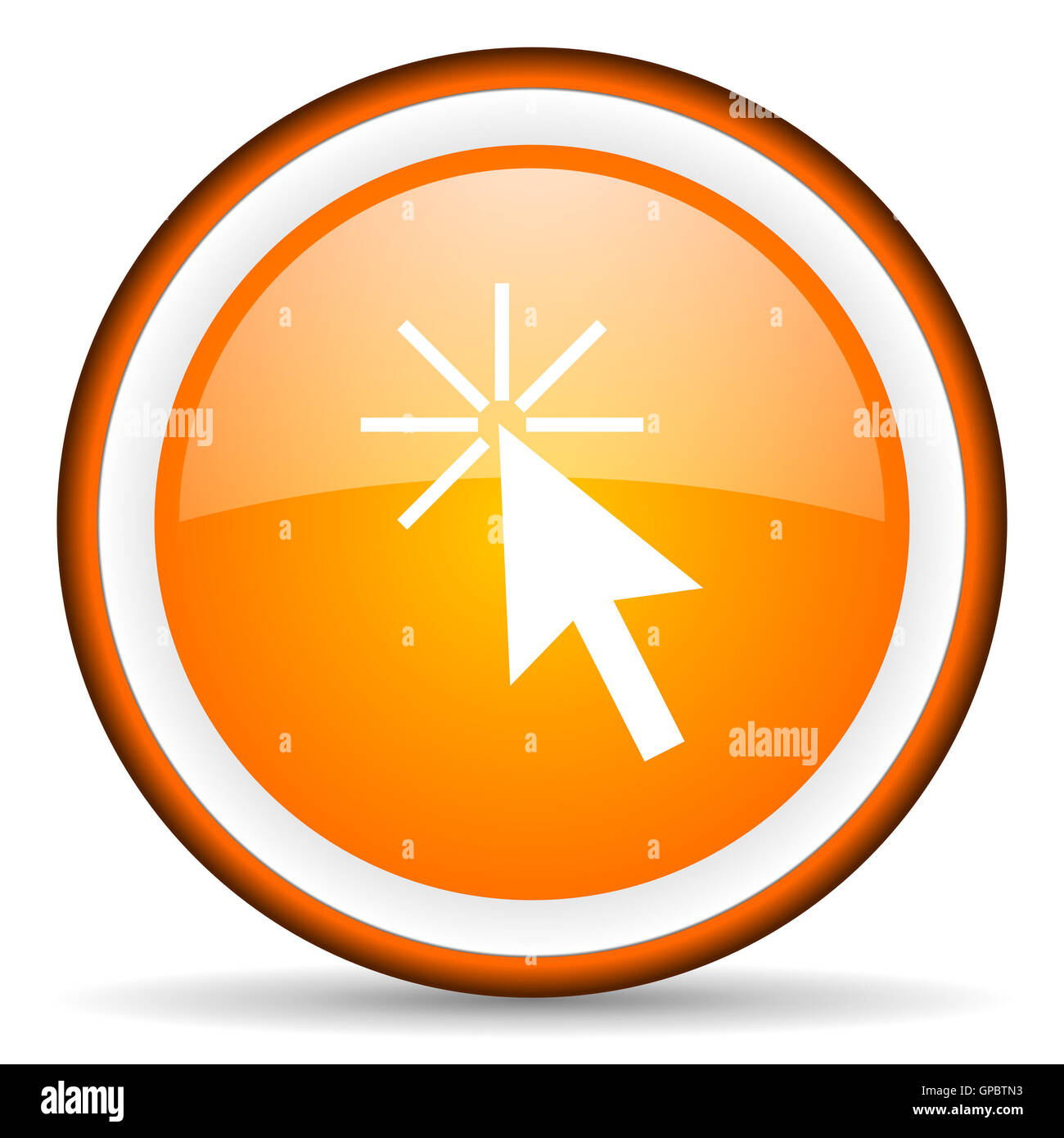 Cliquez ici cercle brillant orange icône sur fond blanc Banque D'Images