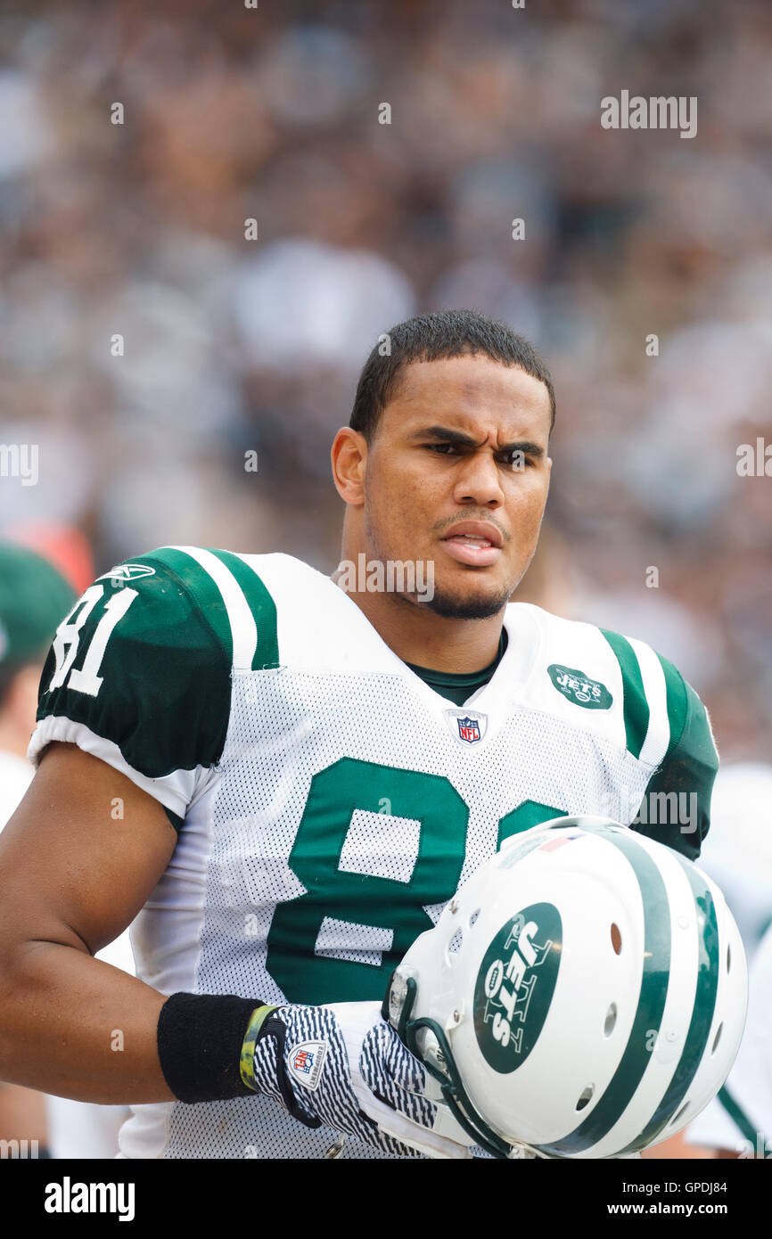 25 septembre 2011 ; Oakland, CALIFORNIE, États-Unis; le Tight End des jets de New York, Dustin Keller (81), en marge du quatrième quart-temps contre les Raiders d’Oakland à l’O.co Coliseum. Oakland bat New York 34-24. Banque D'Images