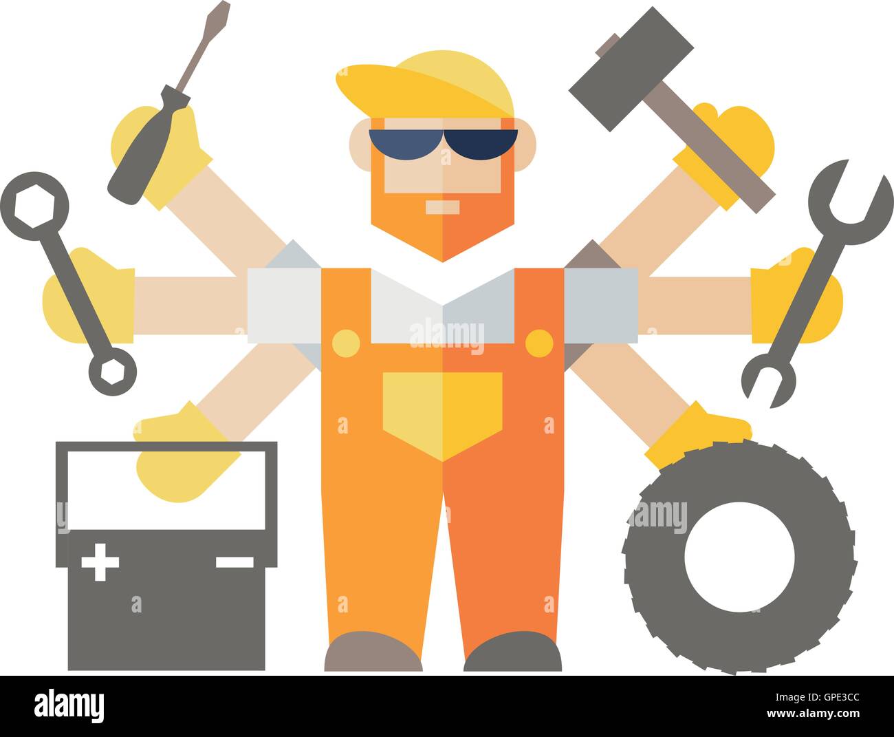 Réparation de voiture militaire avec des outils et des pièces de rechange Illustration de Vecteur