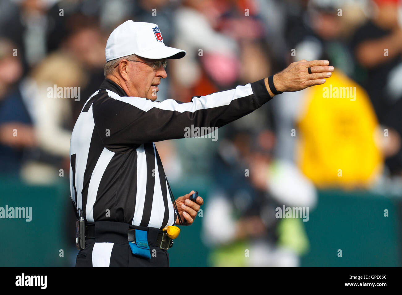 27 novembre 2011 ; Oakland, CALIFORNIE, États-Unis; L'arbitre de la NFL Ron Winter (14 ans) sur le terrain pendant le premier quart-temps entre les Raiders d'Oakland et les Bears de Chicago à l'O.co Coliseum. Oakland bat Chicago 25-20. Banque D'Images