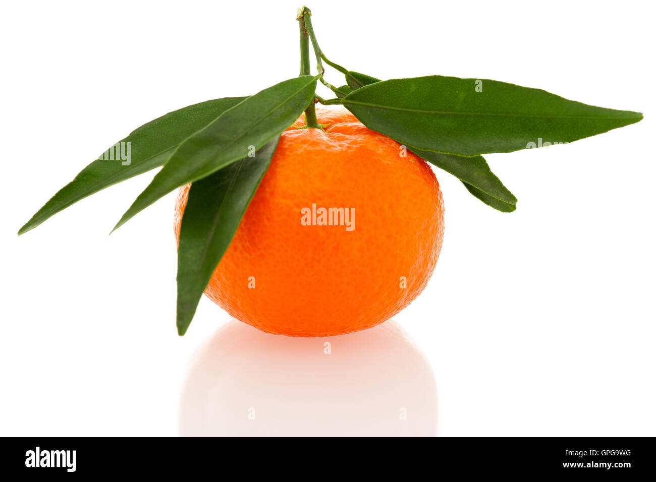 Agrumes mandarin orange fraîches non pelées avec feuilles vertes sur fond blanc isolé. Les vitamines naturelles doux savoureux. Banque D'Images