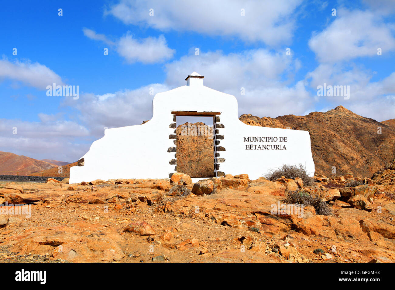 Betancuria municipalité signer dans les montagnes. Fuerteventura, Îles Canaries, Espagne Banque D'Images