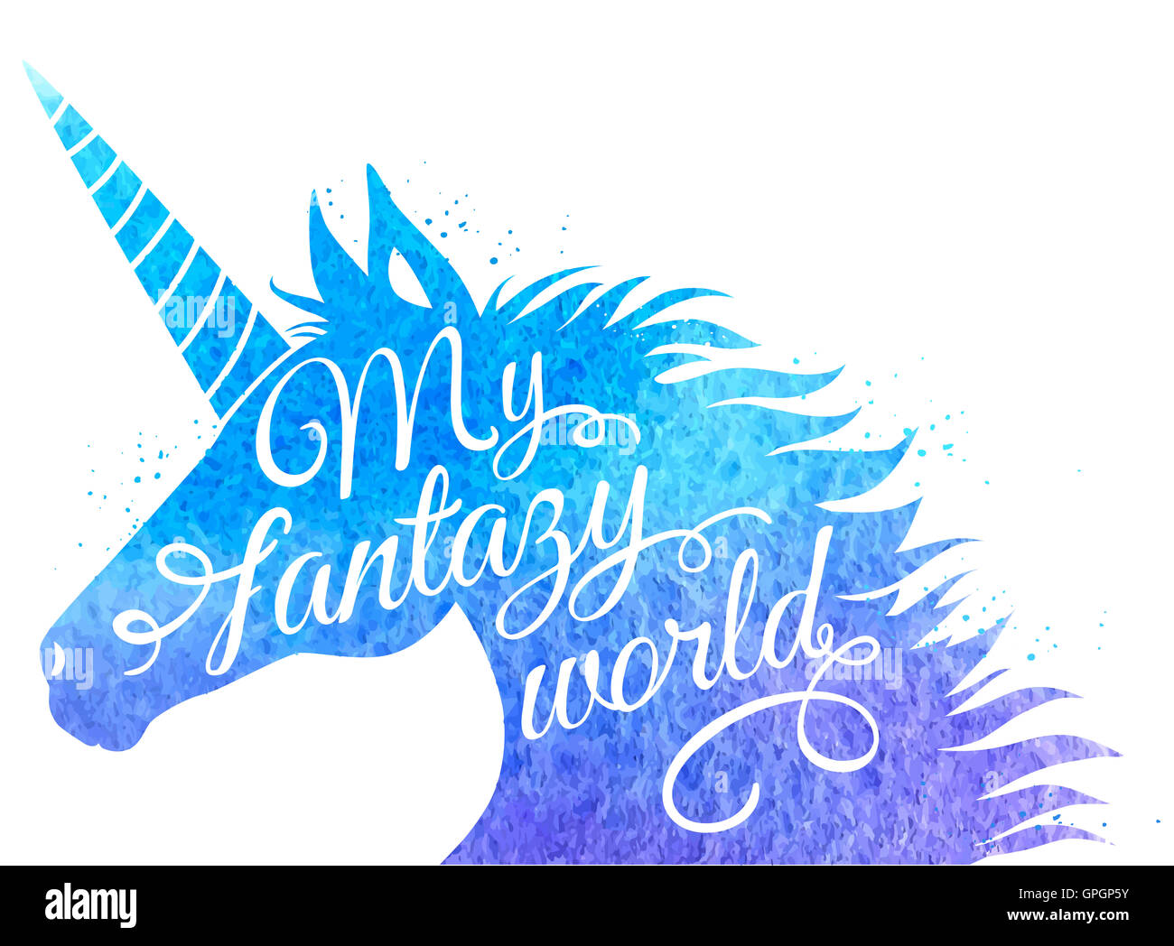 Silhouette d'une licorne avec l'inscription "mon monde de fantaisie". Contexte aquarelle bleue. Banque D'Images