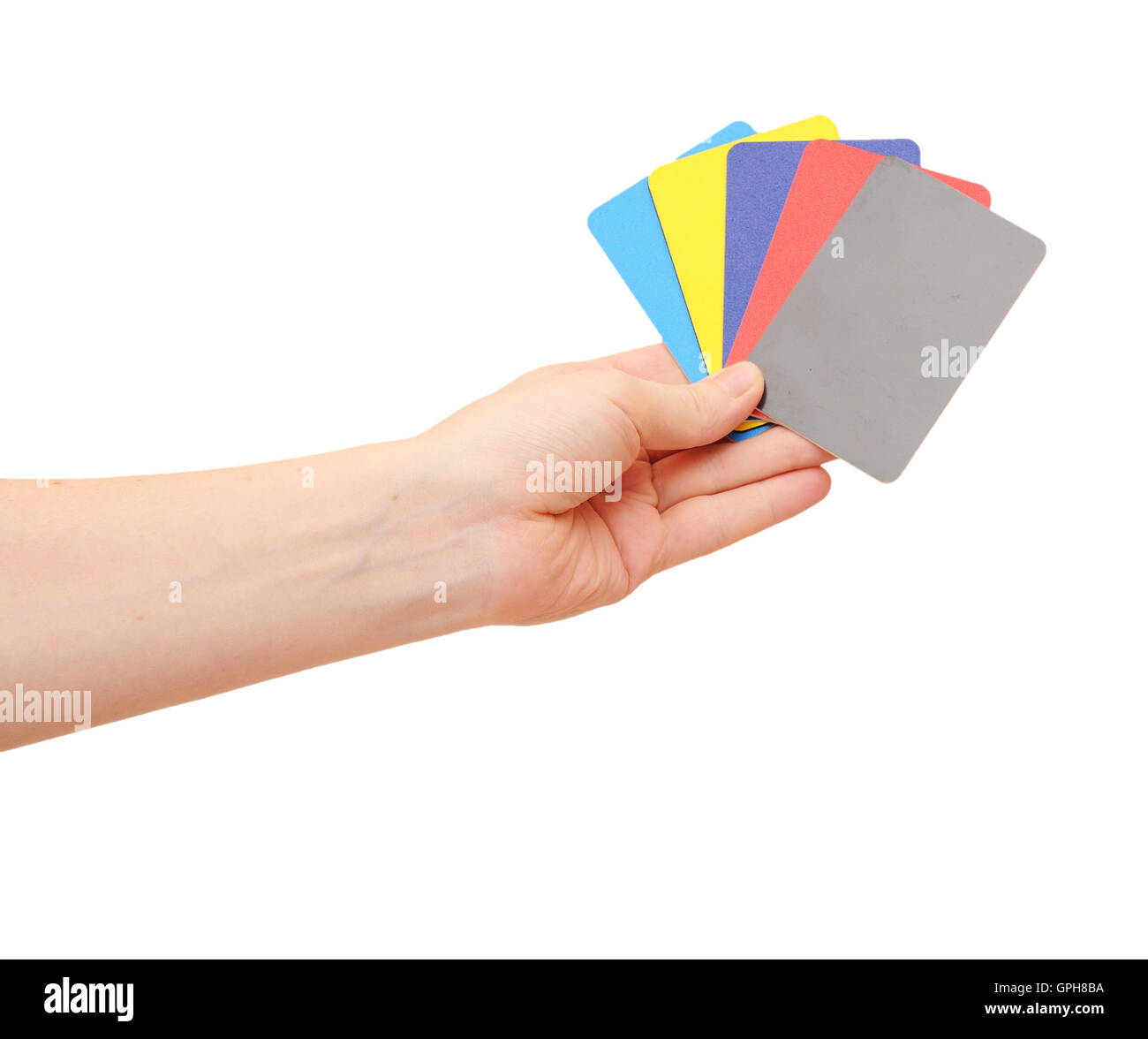 Collection de woman's hand hold collection de cartes colorées isol Banque D'Images