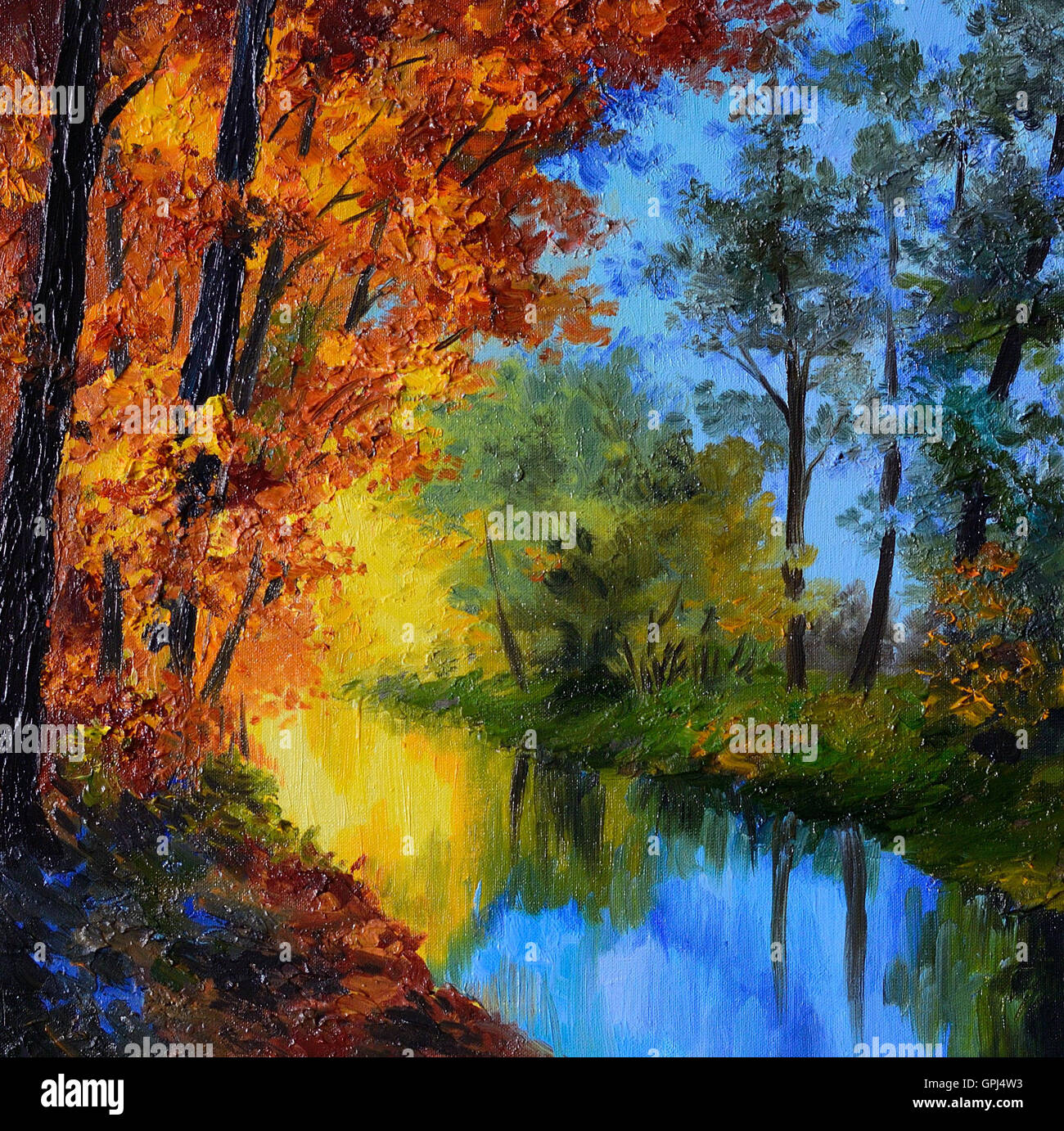 Peinture à l'huile - forêt d'automne avec une rivière et pont sur la rivière, forêt, feuilles rouge vif Banque D'Images