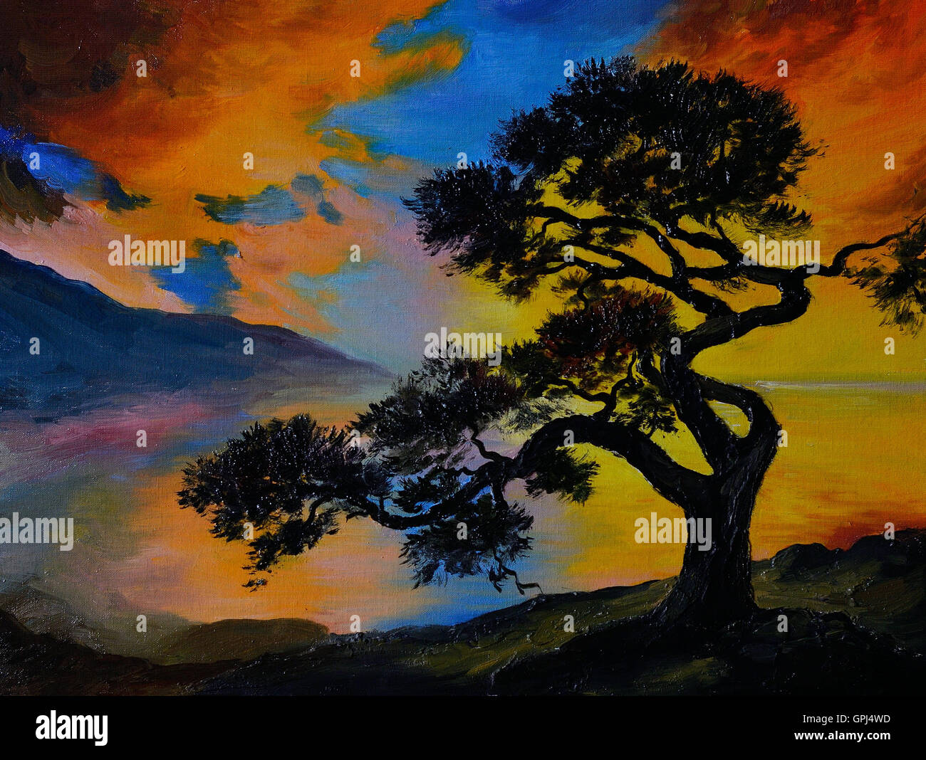 Paysage peinture à l'huile - Un arbre près du lac au coucher du soleil , le ressort ; rivière ; l'automne Banque D'Images