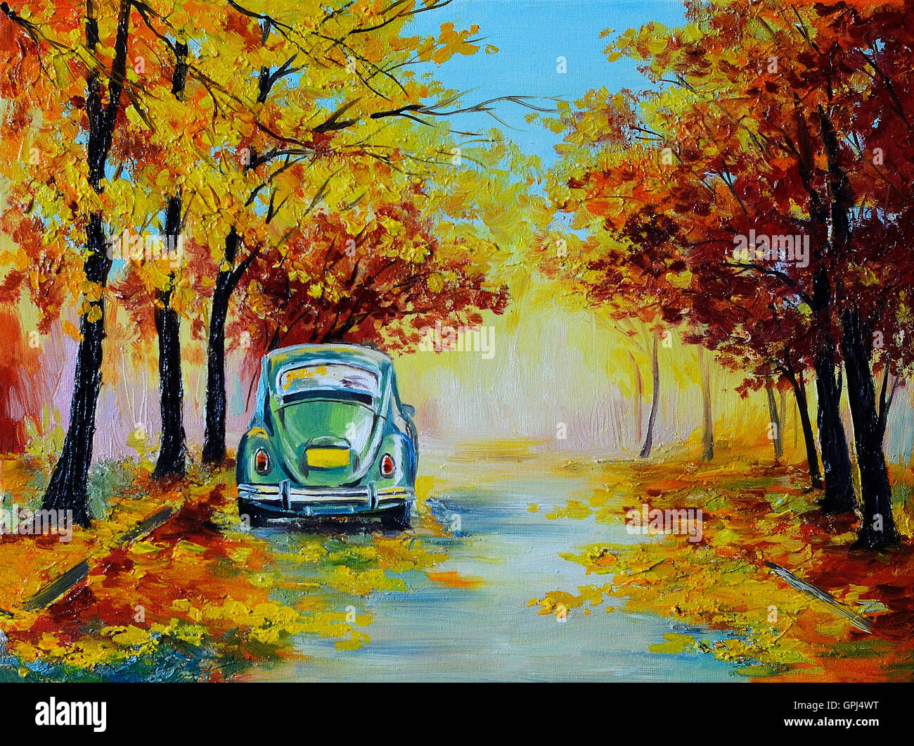 Paysage peinture à l'huile - voiture dans l'autumn forest road, faite dans le style de l'impressionnisme, retro Banque D'Images
