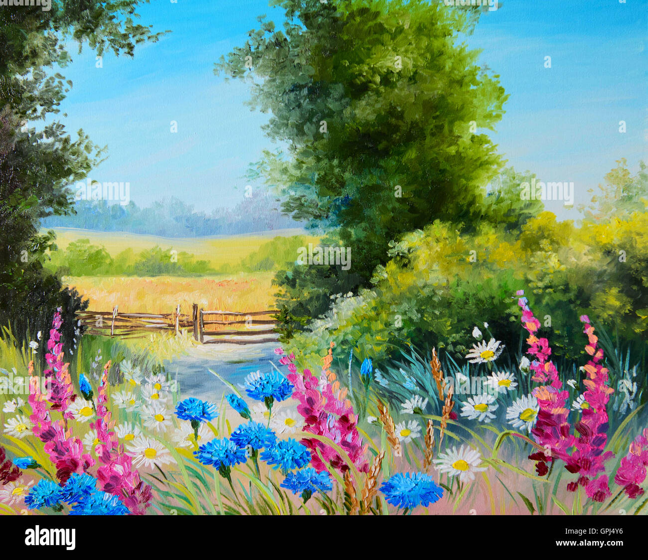 Peinture à l'huile - Terrain avec fleurs et forêt dessin abstrait Banque D'Images