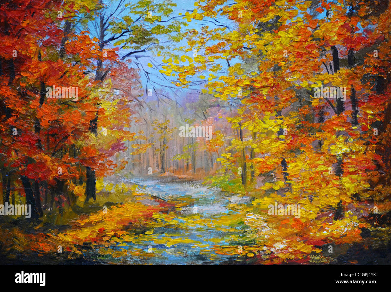 Peinture à l'huile paysage - forêt d'automne, avec la piste, avec des feuilles et de ciel bleu, faite dans le style d'impress Banque D'Images